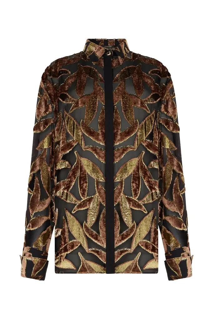 Roberto Cavalli Chocolate Sheer Shirt with Foliage Motif