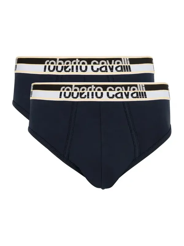 Roberto Cavalli Two-Pack Navy Blue Cotton Briefs With Logo Waistband