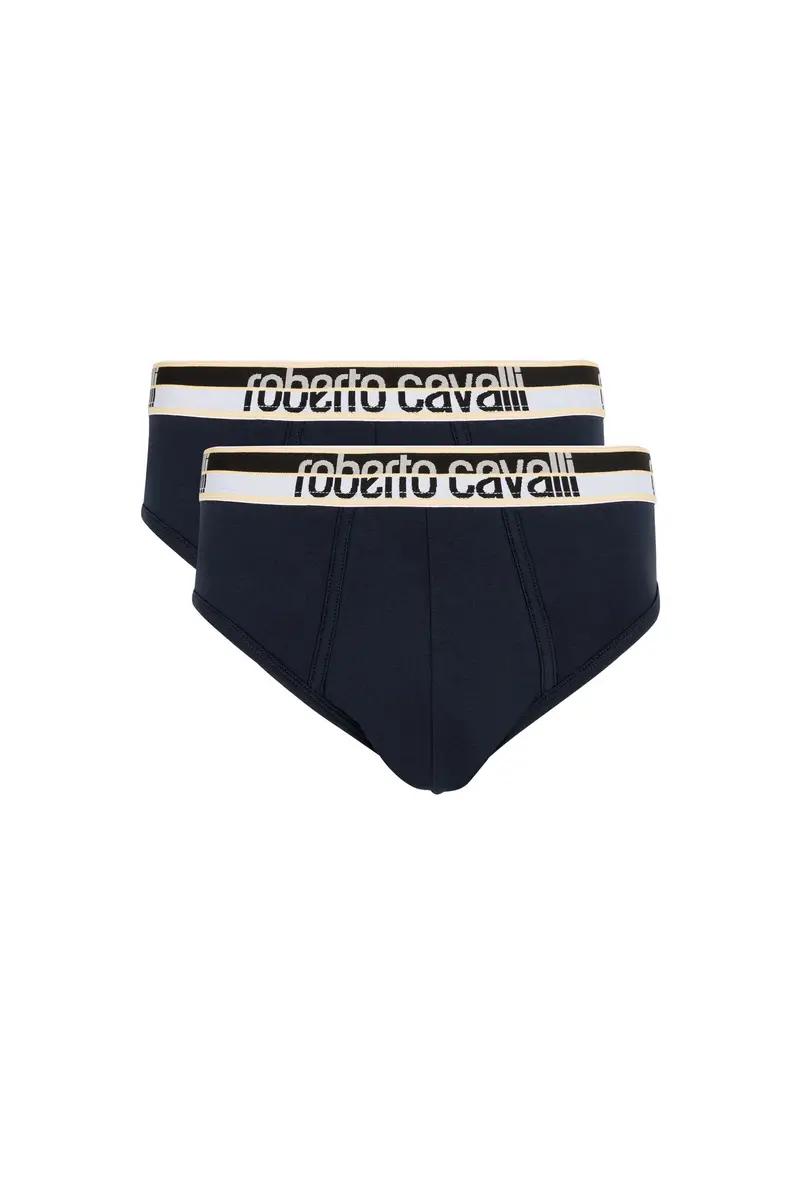 Roberto Cavalli Two-Pack Navy Blue Cotton Briefs With Logo Waistband