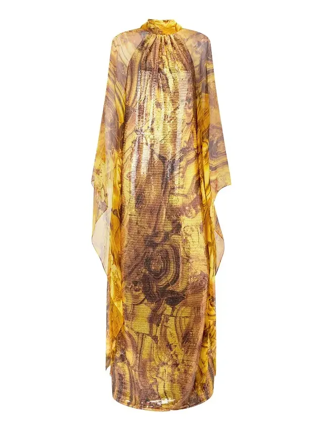 Roberto Cavalli Silk Caftan Dress With Amber Print Sequins