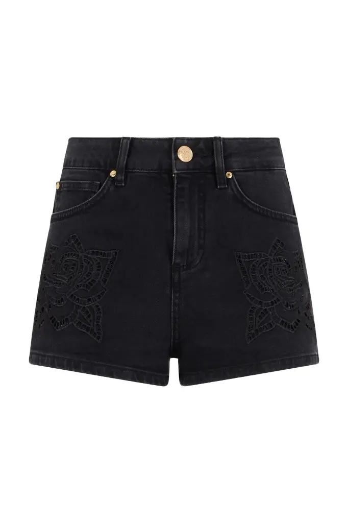 Roberto Cavalli Jeans Shorts Black With Rose Embroidery