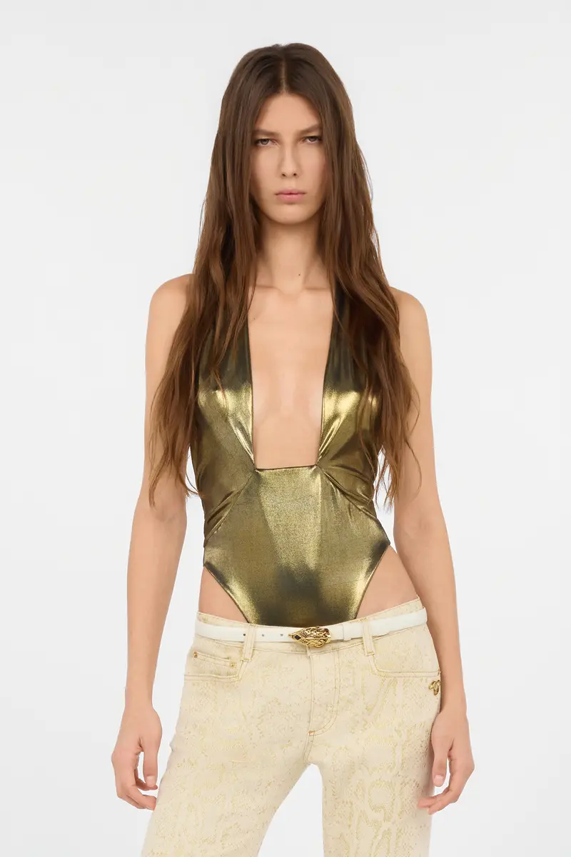 Roberto Cavalli Gold One-Piece Swimsuit with Geometric Neckline | Thumbnail 2 Roberto Cavalli Gold One-Piece Swimsuit with Geometric Neckline | Thumbnail 2