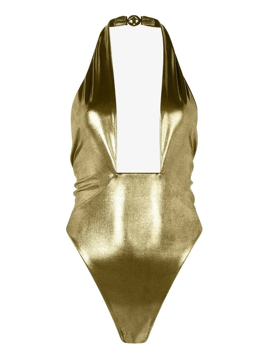 Roberto Cavalli Gold One-Piece Swimsuit with Geometric Neckline