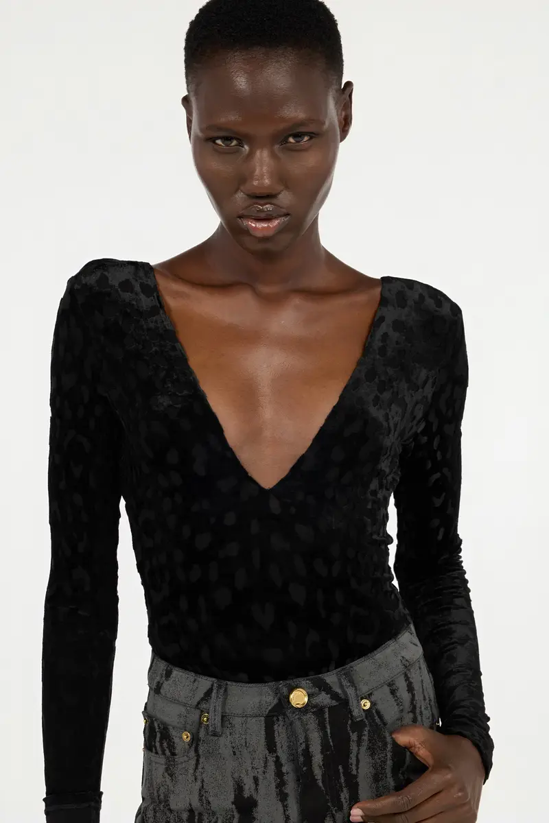 Roberto Cavalli Black Bodysuit With Jaguar Skin Pattern | Thumbnail 5