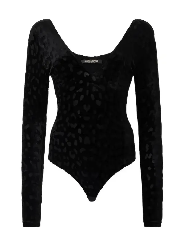 Roberto Cavalli Black Bodysuit With Jaguar Skin Pattern