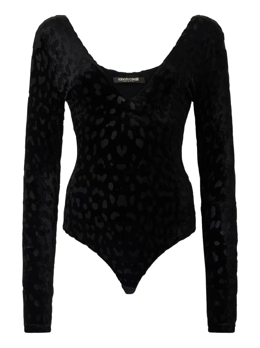 Roberto Cavalli Black Bodysuit With Jaguar Skin Pattern