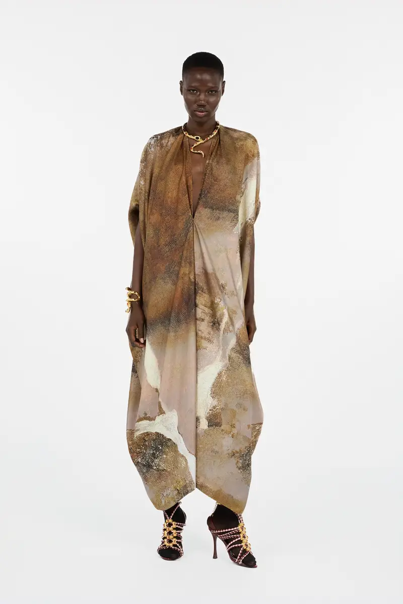 Roberto Cavalli Beige Caftan With Affresco Printed On Silk Twill | Thumbnail 7