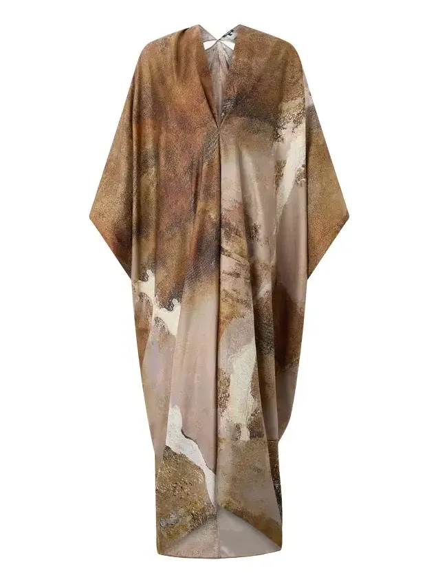 Beige Caftan With Affresco Printed On Silk Twill Beige Caftan With Affresco Printed On Silk Twill