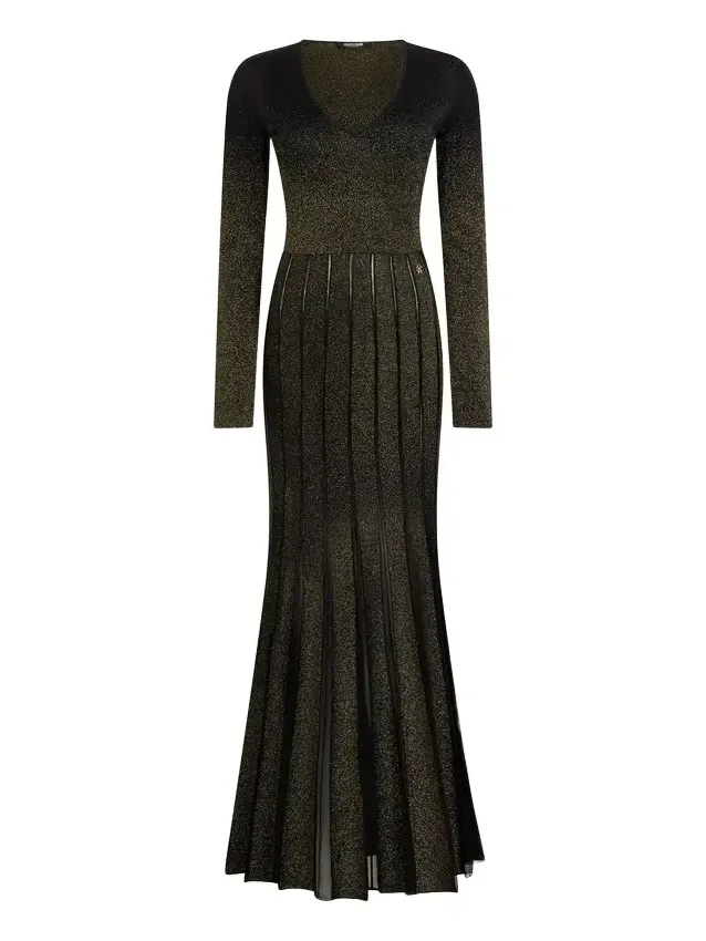 Long dress in black and gold with pleated skirt Long dress in black and gold with pleated skirt