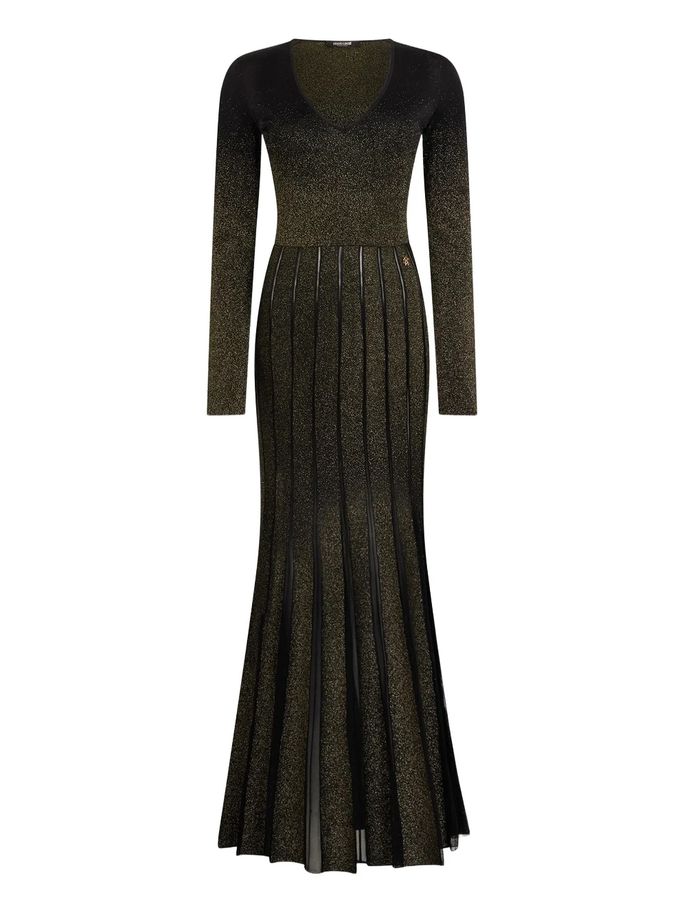 Long dress in black and gold with pleated skirt