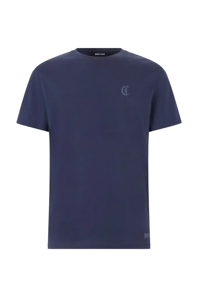 Roberto Cavalli Navy Blue Cotton T-Shirt With Logo | Image 1 Roberto Cavalli Navy Blue Cotton T-Shirt With Logo | Image 1