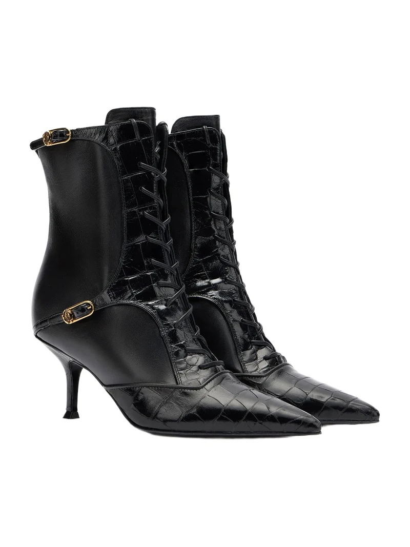 Roberto Cavalli Crocodile-Effect Lace-Up Ankle Boots
