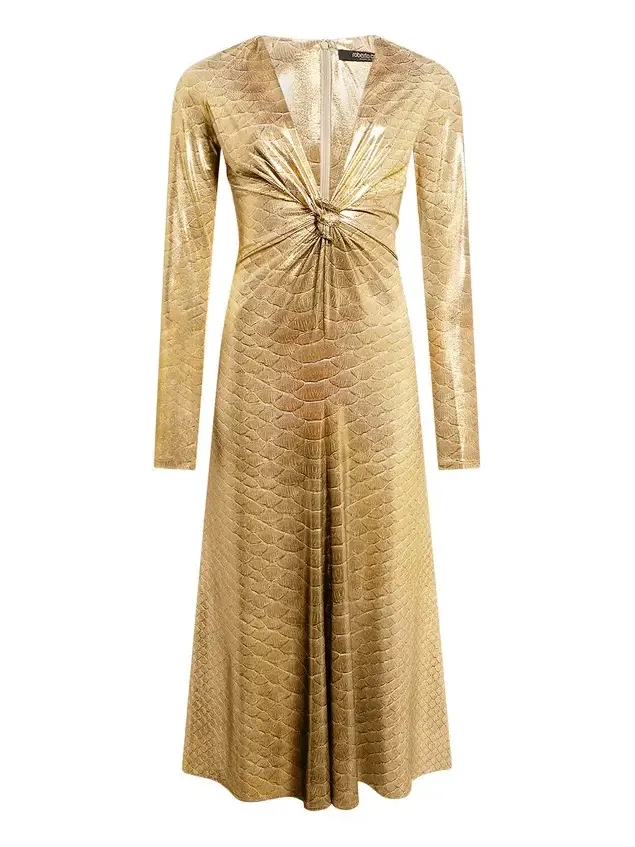 Beige Gold Midi Dress with Serpentine Print Beige Gold Midi Dress with Serpentine Print