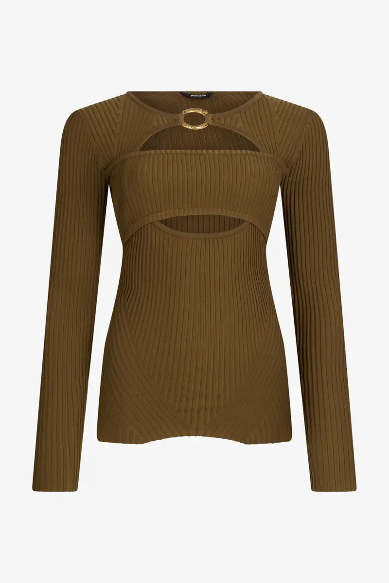 Roberto Cavalli Olive Green Ribbed Cut-Out Sweater | Thumbnail 2