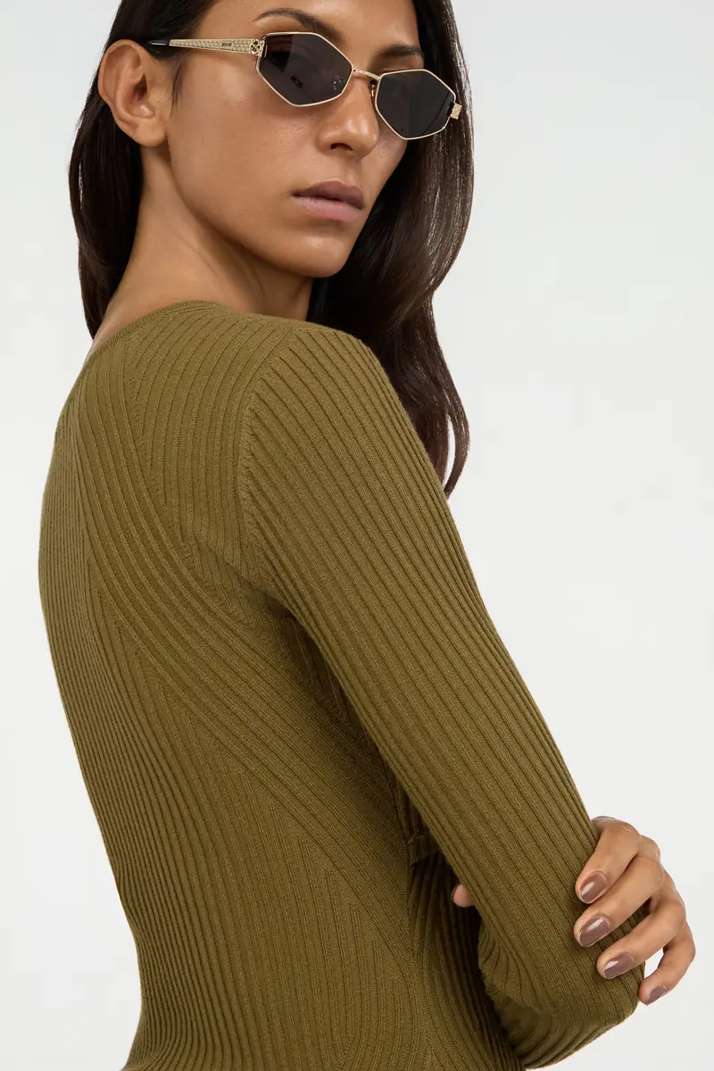 Roberto Cavalli Olive Green Ribbed Cut-Out Sweater | Thumbnail 5