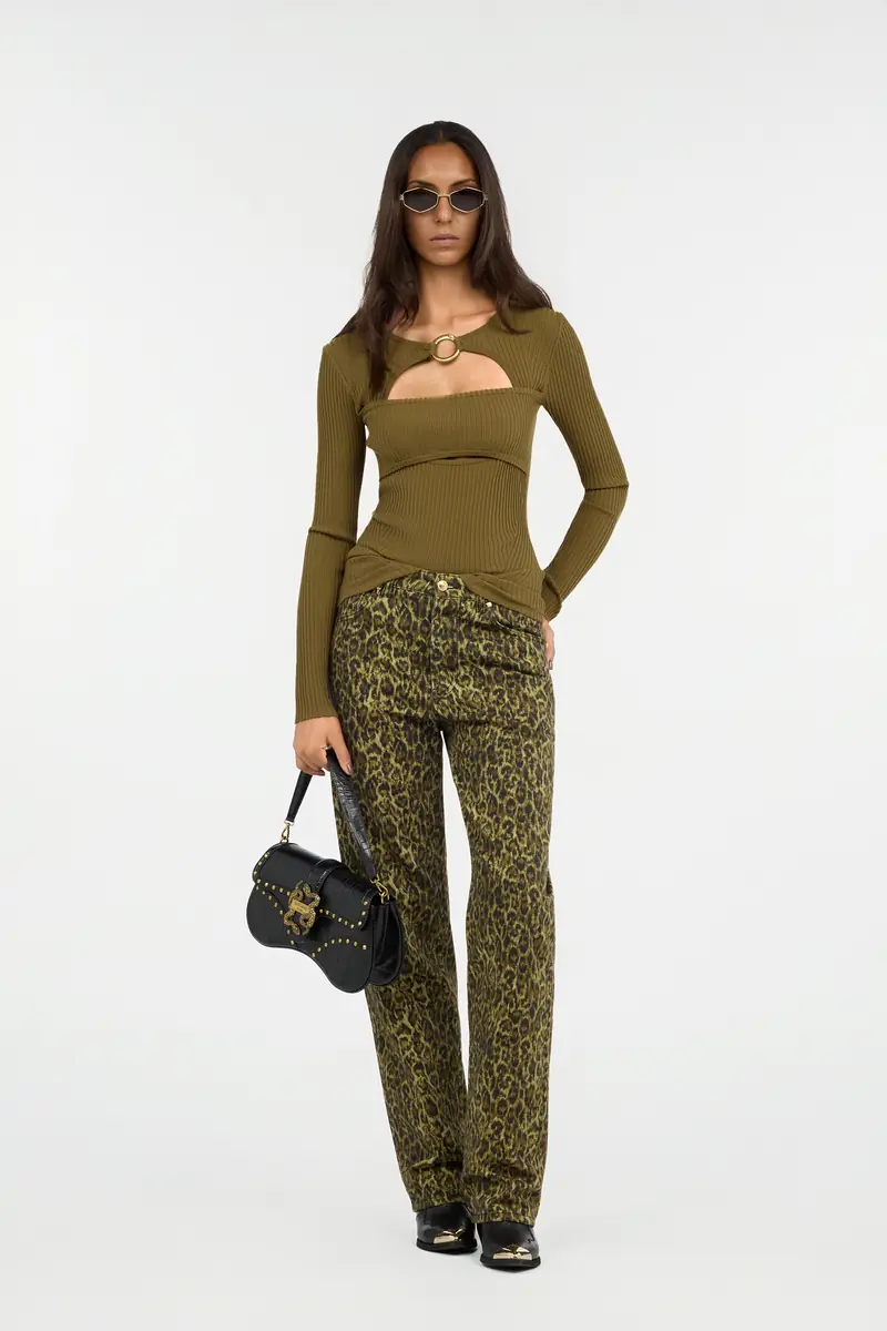 Roberto Cavalli Olive Green Ribbed Cut-Out Sweater | Thumbnail 6