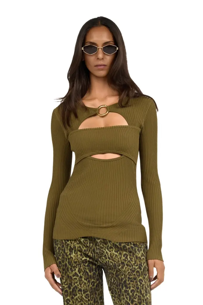 Olive Green Ribbed Cut-Out Sweater Olive Green Ribbed Cut-Out Sweater