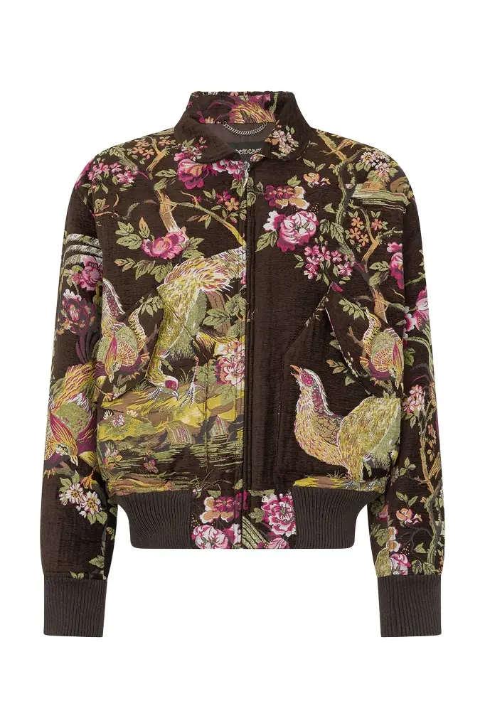 Roberto Cavalli Bomber Jacket With Oriental Bird Print