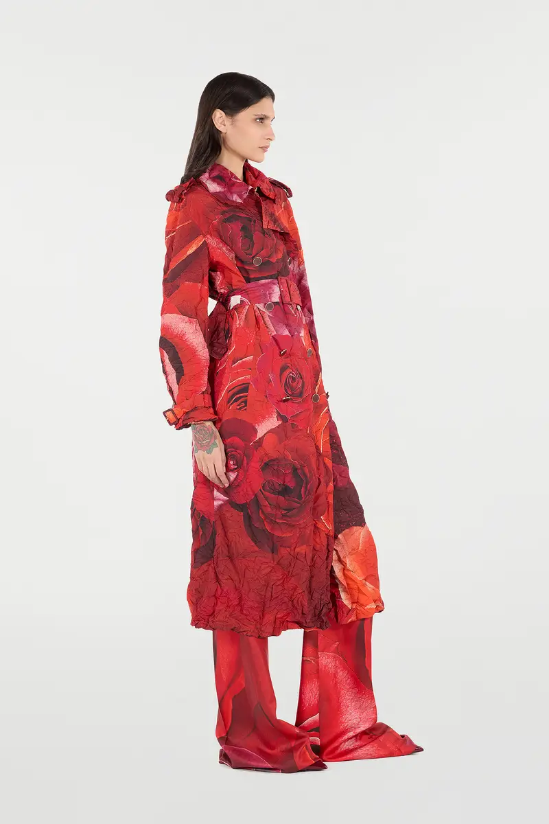 Roberto Cavalli Long Crinkle-Effect Trench Coat With Rose Print | Thumbnail 2
