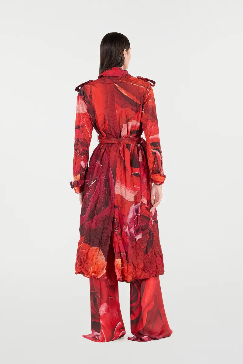 Roberto Cavalli Long Crinkle-Effect Trench Coat With Rose Print | Thumbnail 3