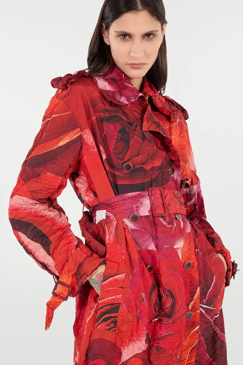 Roberto Cavalli Long Crinkle-Effect Trench Coat With Rose Print | Thumbnail 5