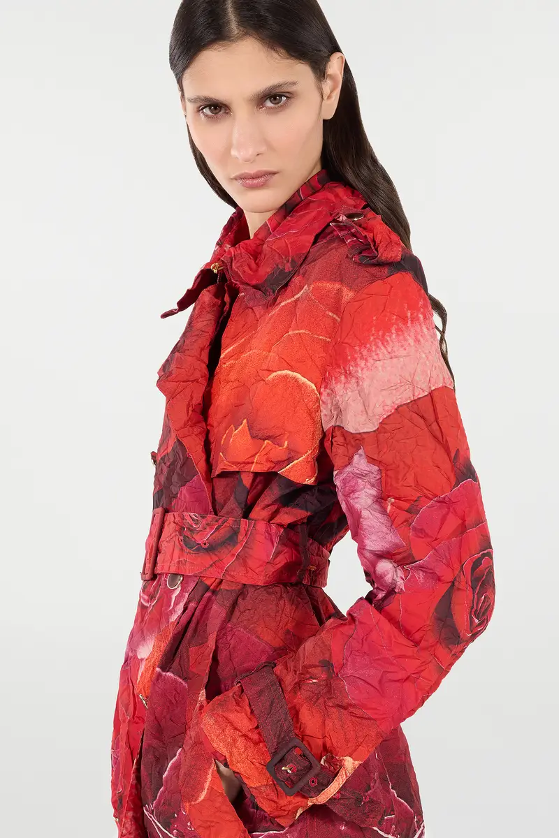 Roberto Cavalli Long Crinkle-Effect Trench Coat With Rose Print | Thumbnail 6
