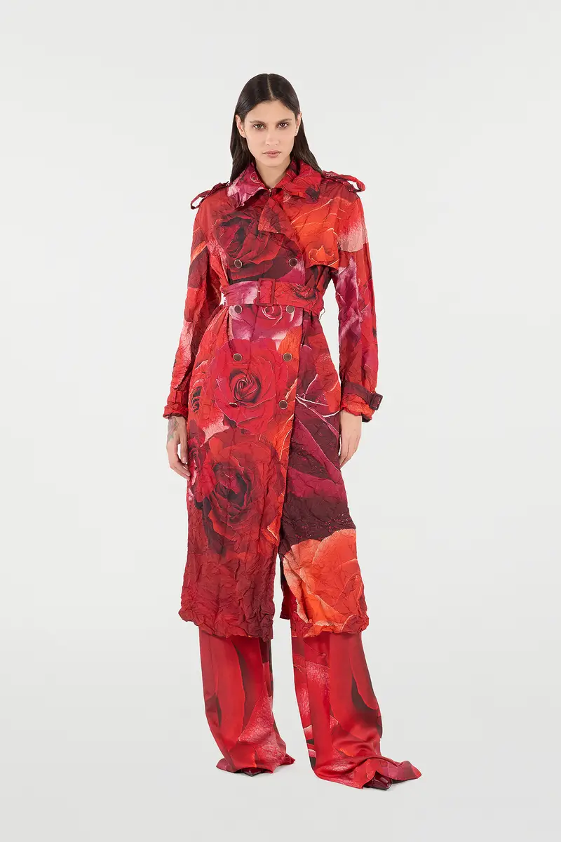 Roberto Cavalli Long Crinkle-Effect Trench Coat With Rose Print | Thumbnail 7
