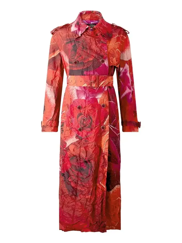 Long Crinkle-Effect Trench Coat With Rose Print Long Crinkle-Effect Trench Coat With Rose Print