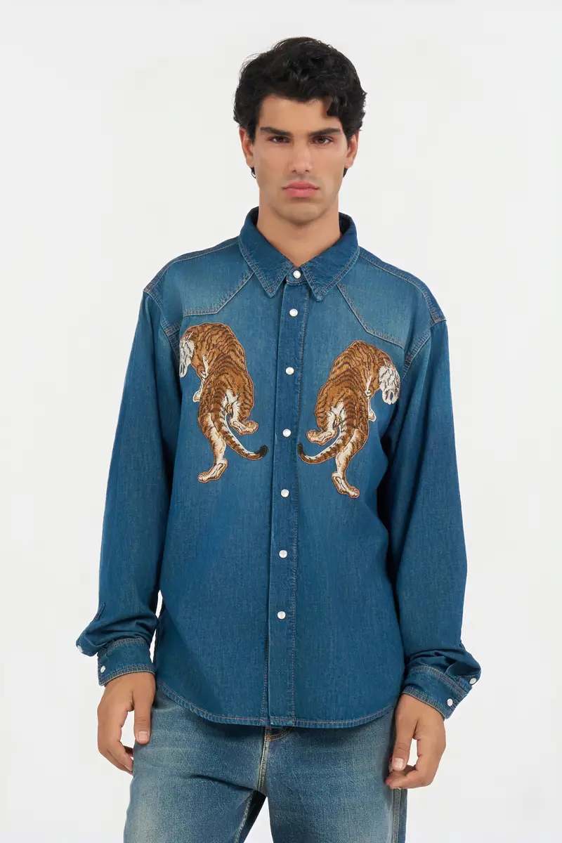 Roberto Cavalli Denim Shirt with Tiger Embroidery | Thumbnail 2 Roberto Cavalli Denim Shirt with Tiger Embroidery | Thumbnail 2
