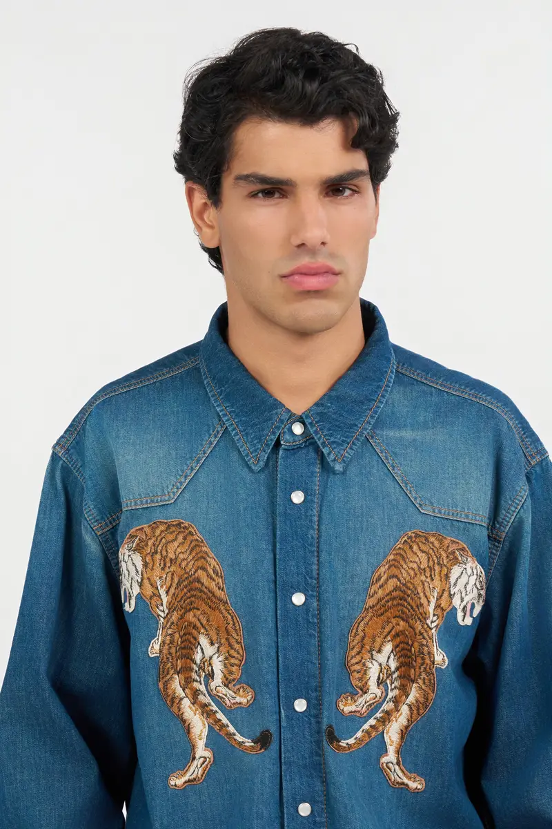 Roberto Cavalli Denim Shirt with Tiger Embroidery | Thumbnail 5 Roberto Cavalli Denim Shirt with Tiger Embroidery | Thumbnail 5