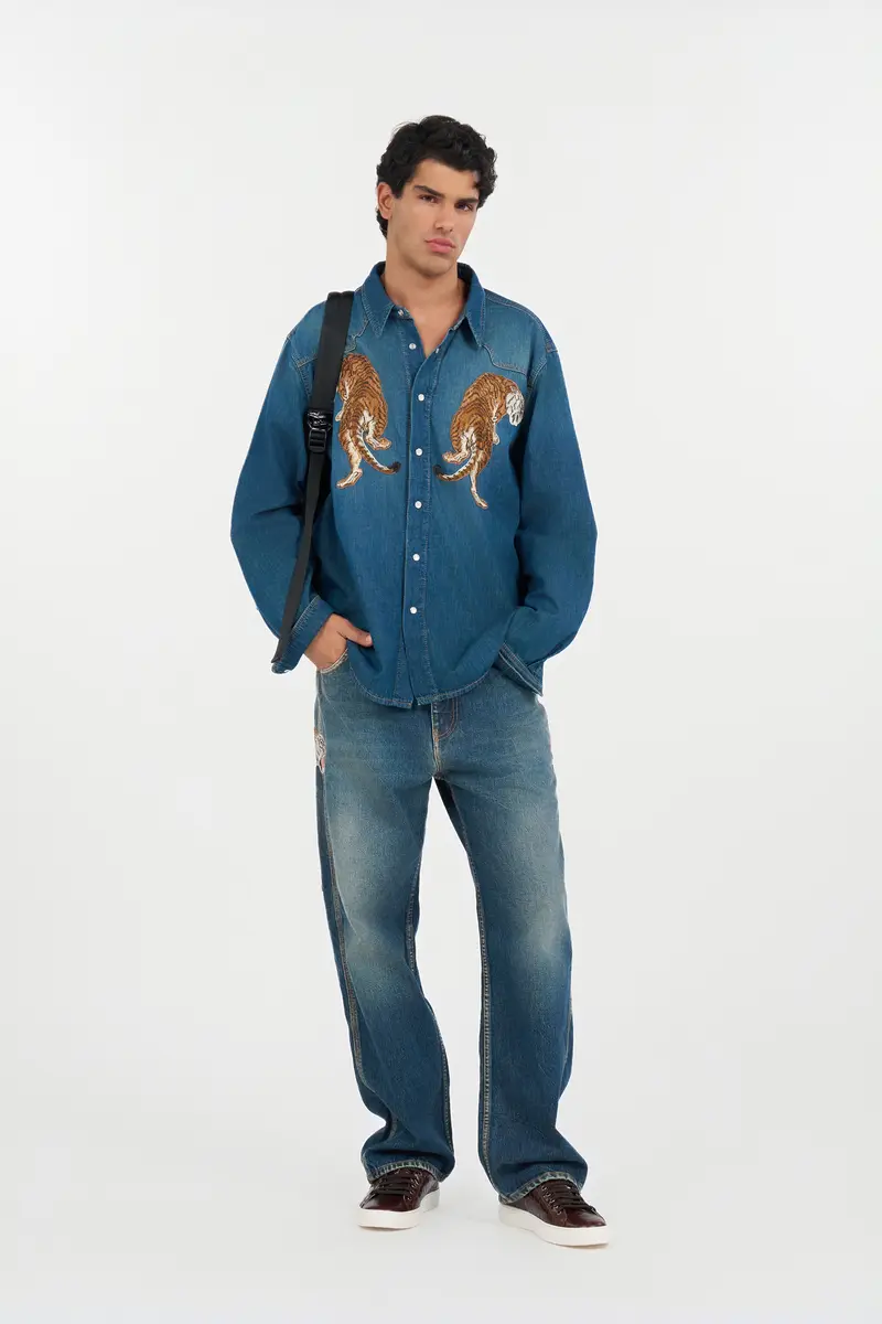 Roberto Cavalli Denim Shirt with Tiger Embroidery | Thumbnail 7 Roberto Cavalli Denim Shirt with Tiger Embroidery | Thumbnail 7