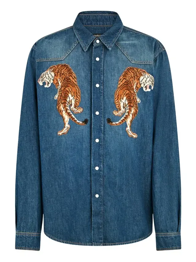 Denim Shirt with Tiger Embroidery Denim Shirt with Tiger Embroidery