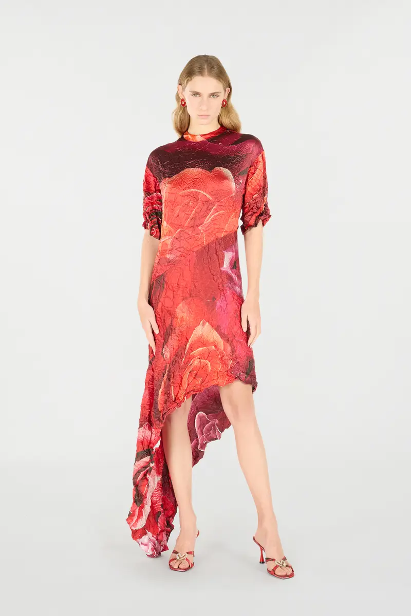 Roberto Cavalli Crinkled Asymmetric Dress With Rose Print | Thumbnail 7