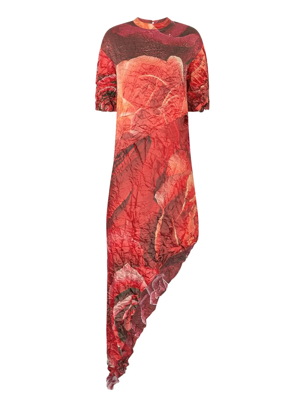 Crinkled Asymmetric Dress With Rose Print