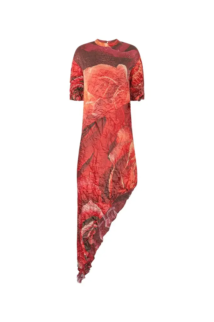 Crinkled Asymmetric Dress With Rose Print Crinkled Asymmetric Dress With Rose Print
