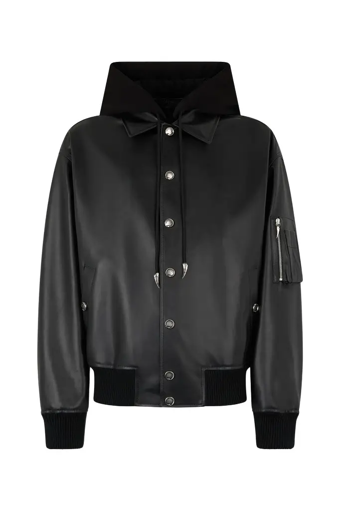 Roberto Cavalli Leather Bomber Jacket With Hood | Image 1 Roberto Cavalli Leather Bomber Jacket With Hood | Image 1