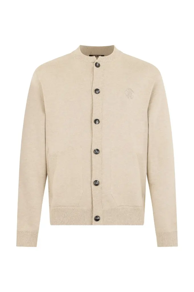 Roberto Cavalli Beige Cardigan With Embroidered Monogram RC | Image 1 Roberto Cavalli Beige Cardigan With Embroidered Monogram RC | Image 1