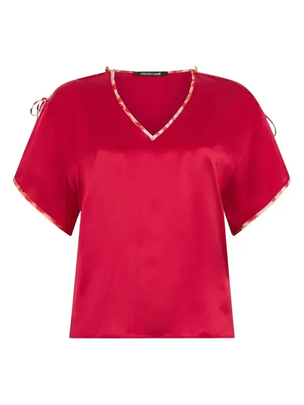 Roberto Cavalli Red Silk Tie-Shoulder Top