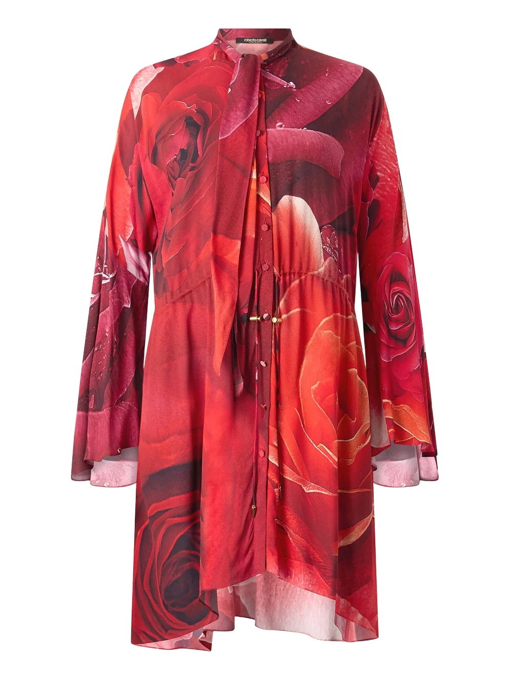 Roberto Cavalli Rose-Print Mini Dress With Pussy-Bow