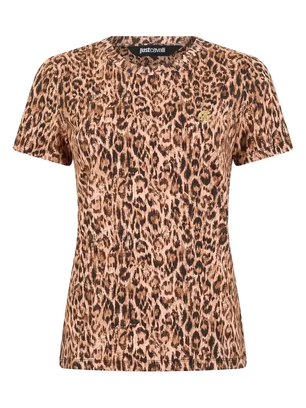 Roberto Cavalli Cotton T-shirt with Leopard Skin Print