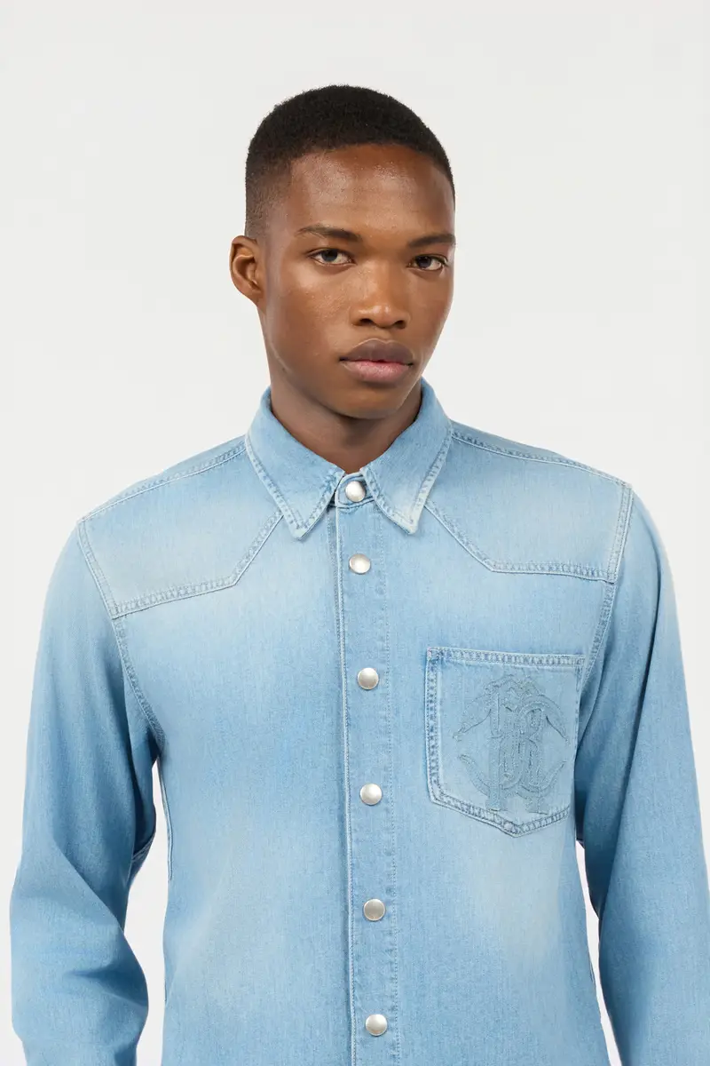 Roberto Cavalli Denim Shirt With Mirror Snake Monogram | Thumbnail 5 Roberto Cavalli Denim Shirt With Mirror Snake Monogram | Thumbnail 5