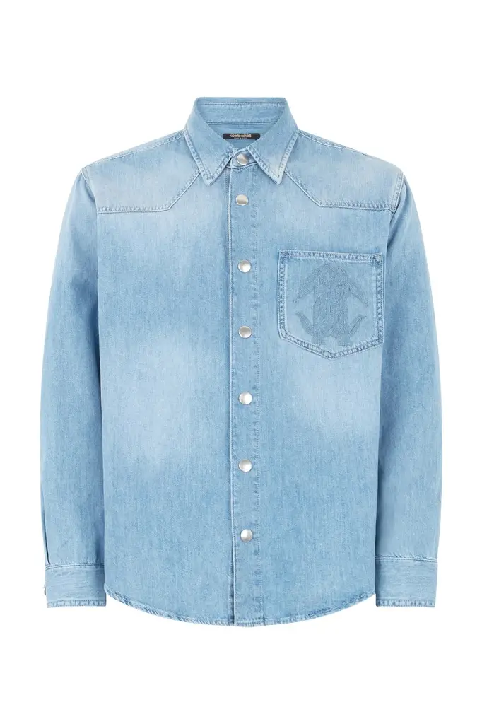 Roberto Cavalli Denim Shirt With Mirror Snake Monogram | Image 1 Roberto Cavalli Denim Shirt With Mirror Snake Monogram | Image 1