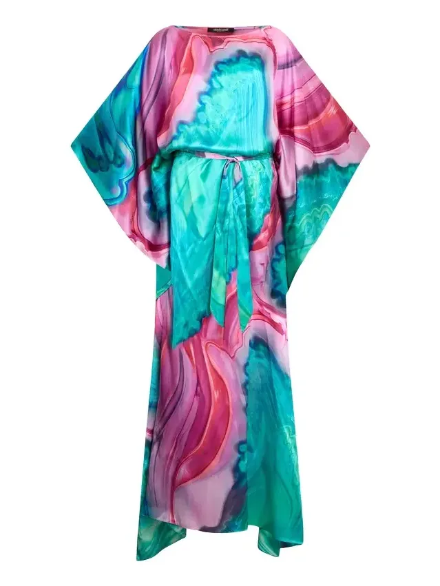 Long dress in multicolor marbled silk