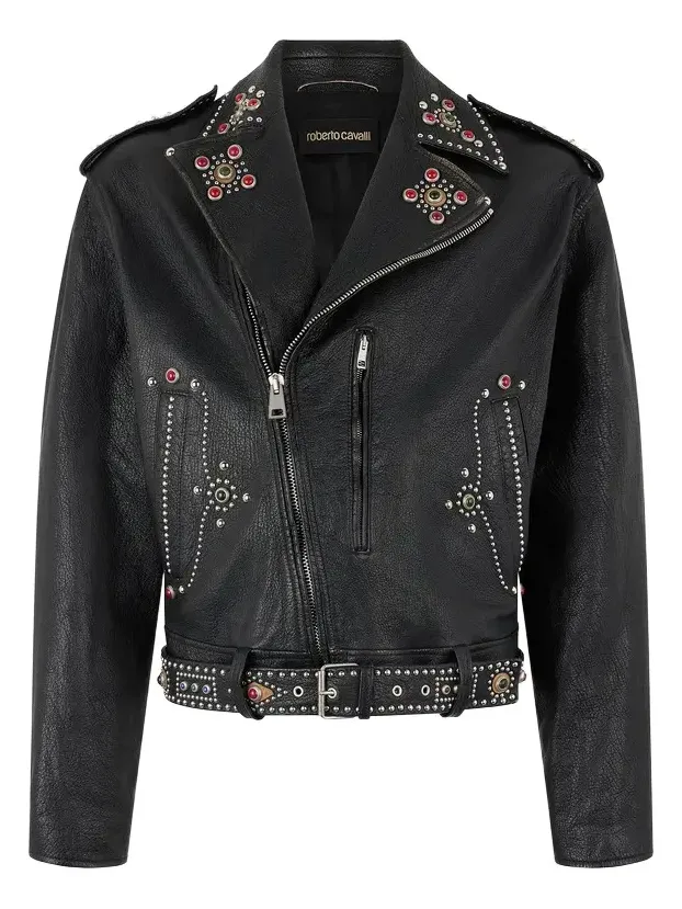 Roberto Cavalli Leather Biker Jacket With Studs And Stones