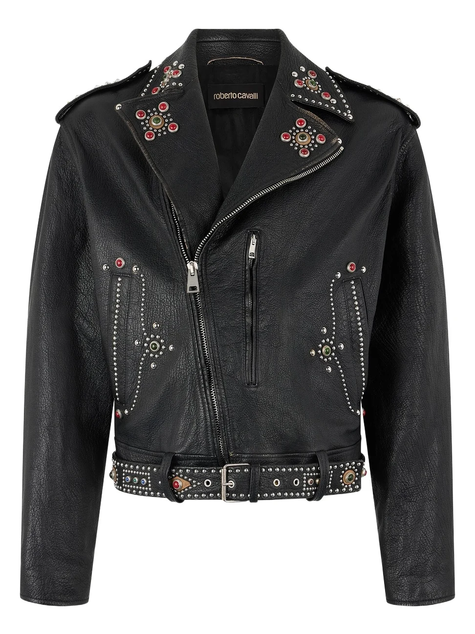Roberto Cavalli Leather Biker Jacket With Studs And Stones