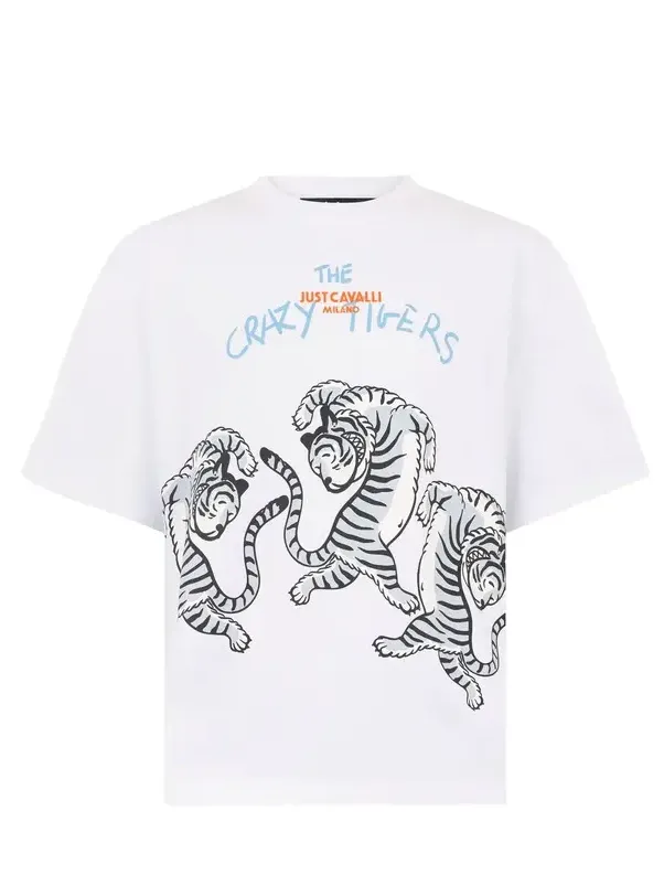 Roberto Cavalli White T-Shirt With Printed Tigers