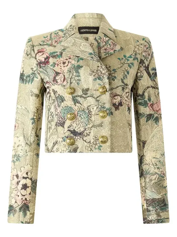 Roberto Cavalli Cropped Jacket With Oriental Bird Print