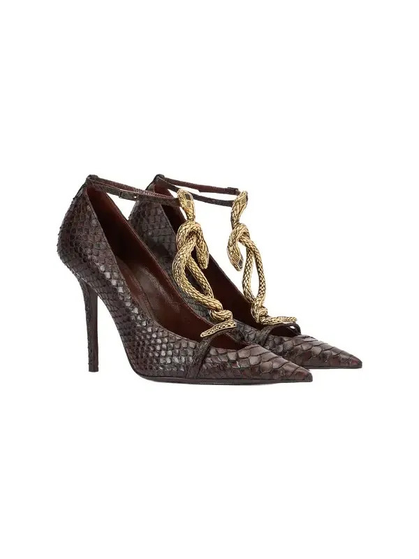 Brown Scale-Pattern Pumps with Snake Motif