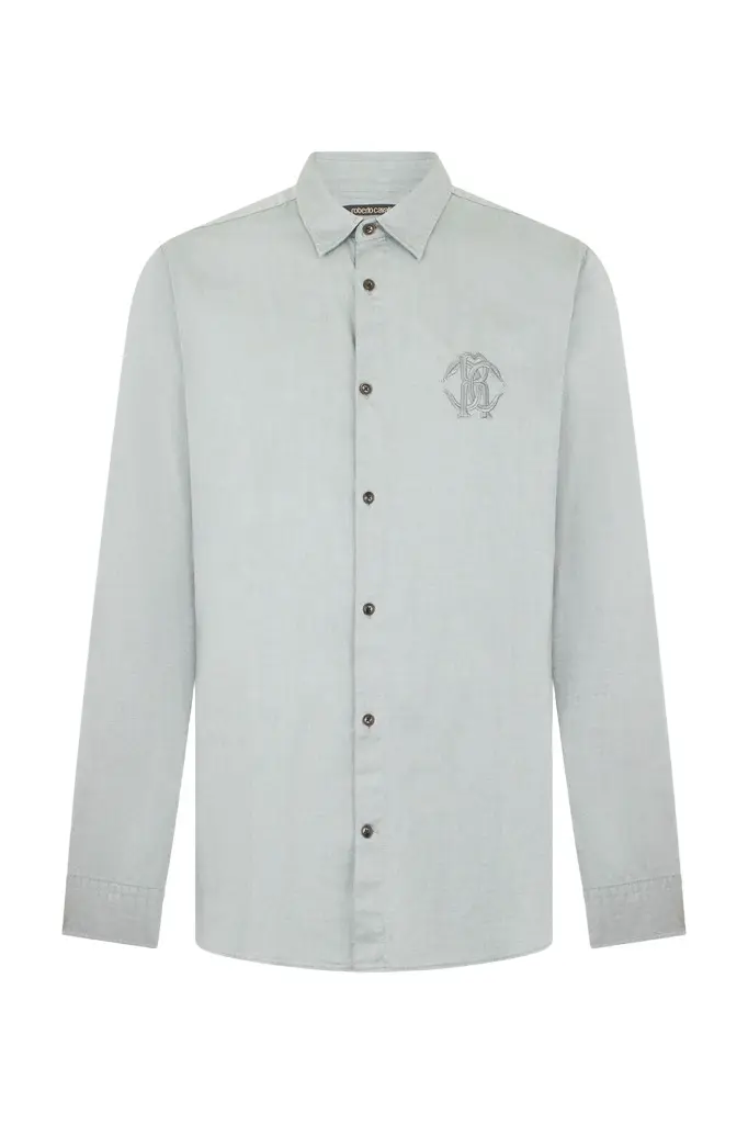Roberto Cavalli Light Grey Shirt with Monogram RC Embroidery | Image 1 Roberto Cavalli Light Grey Shirt with Monogram RC Embroidery | Image 1