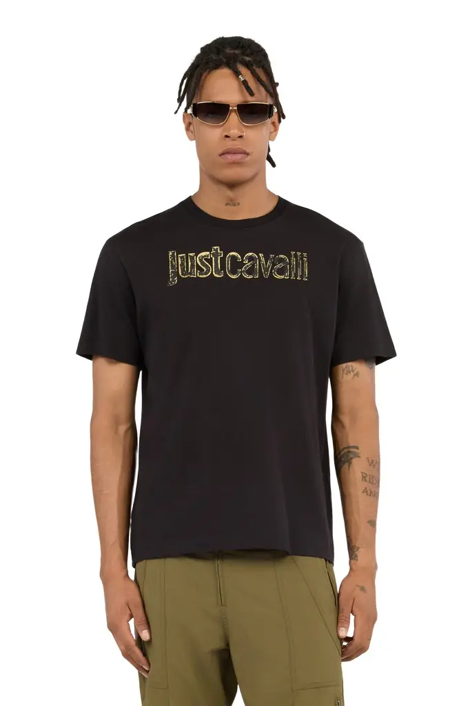 Roberto Cavalli Black T-Shirt With Gold Logo | Image 1 Roberto Cavalli Black T-Shirt With Gold Logo | Image 1
